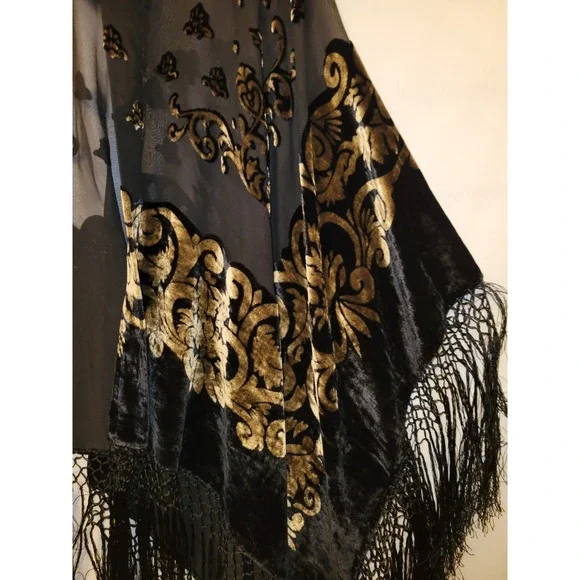 Michelann Original Whimsigoth Shawl Black Gold Burnout Velvet  Fringed Vintage - Picture 3 of 11